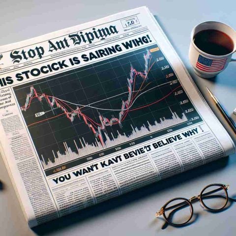 A detailed and realistic high-definition image showing a financial newspaper headline that reads 'This Stock Is Soaring! You Won't Believe Why'. The newspaper is resting on a table and is accompanied by a cup of coffee and a pair of eyeglasses. The newspaper's financial section should be open with stock market graphics and charts visible.