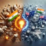 Realistic HD photo of an abstract concept visualizing how a simple question sparked a significant change in diplomatic relations between two nations, represented by symbolic elements from India and Australia such as national flags, iconic landmarks, and traditional symbols. Also, depict a metaphorical spark in the center to signify the trigger for change.