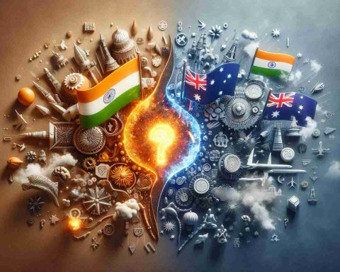 Realistic HD photo of an abstract concept visualizing how a simple question sparked a significant change in diplomatic relations between two nations, represented by symbolic elements from India and Australia such as national flags, iconic landmarks, and traditional symbols. Also, depict a metaphorical spark in the center to signify the trigger for change.