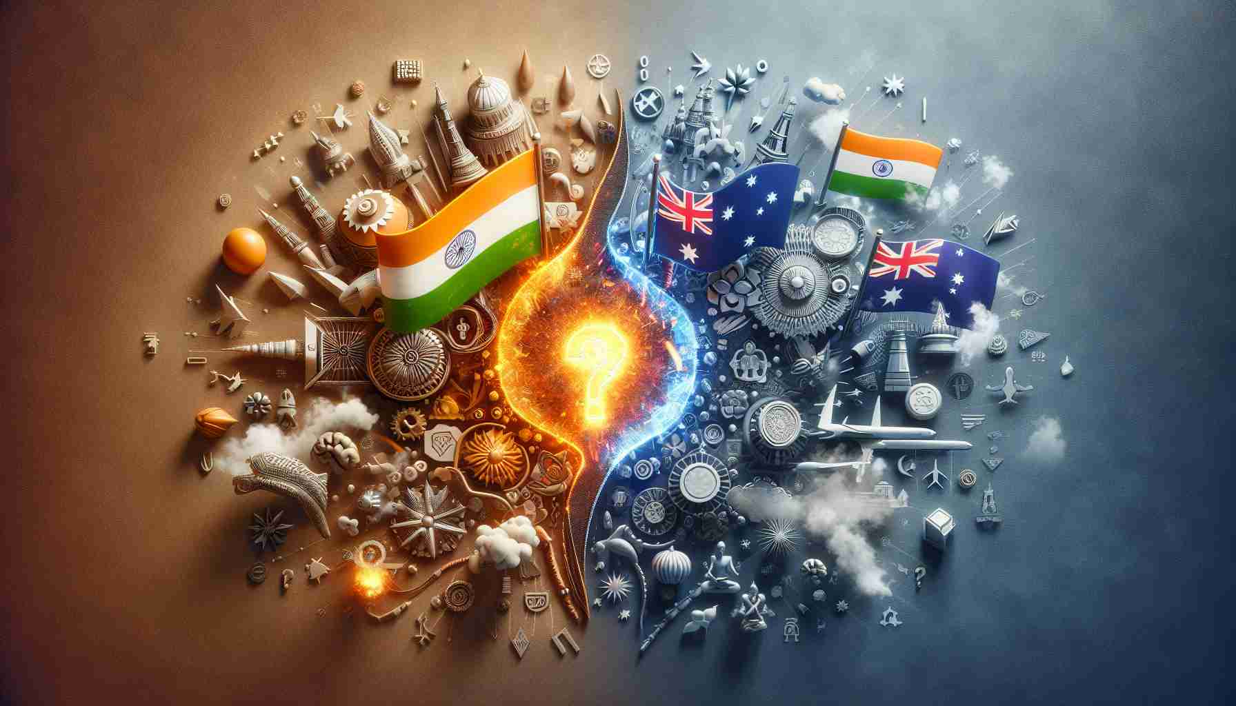 Realistic HD photo of an abstract concept visualizing how a simple question sparked a significant change in diplomatic relations between two nations, represented by symbolic elements from India and Australia such as national flags, iconic landmarks, and traditional symbols. Also, depict a metaphorical spark in the center to signify the trigger for change.