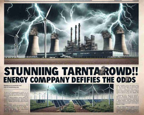 Generate a high-resolution, realistic image of a newspaper headline that exclaims, 'Stunning Turnaround! Energy Company Defies the Odds', accompanied by an illustration of an industrial-energy company powering up against a backdrop of stormy sky. In the illustration, energy infrastructure (wind turbines, solar panels, powerlines) stands tall, undeterred despite adverse conditions.