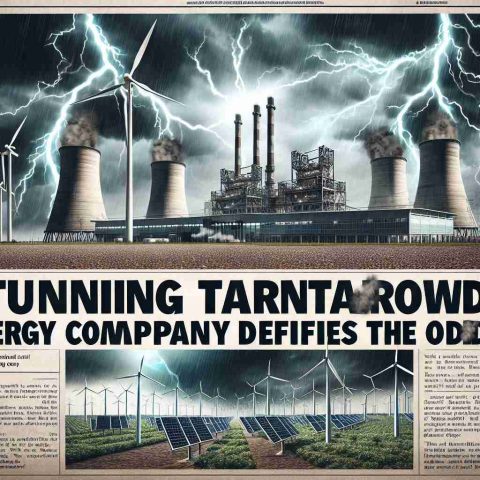 Generate a high-resolution, realistic image of a newspaper headline that exclaims, 'Stunning Turnaround! Energy Company Defies the Odds', accompanied by an illustration of an industrial-energy company powering up against a backdrop of stormy sky. In the illustration, energy infrastructure (wind turbines, solar panels, powerlines) stands tall, undeterred despite adverse conditions.