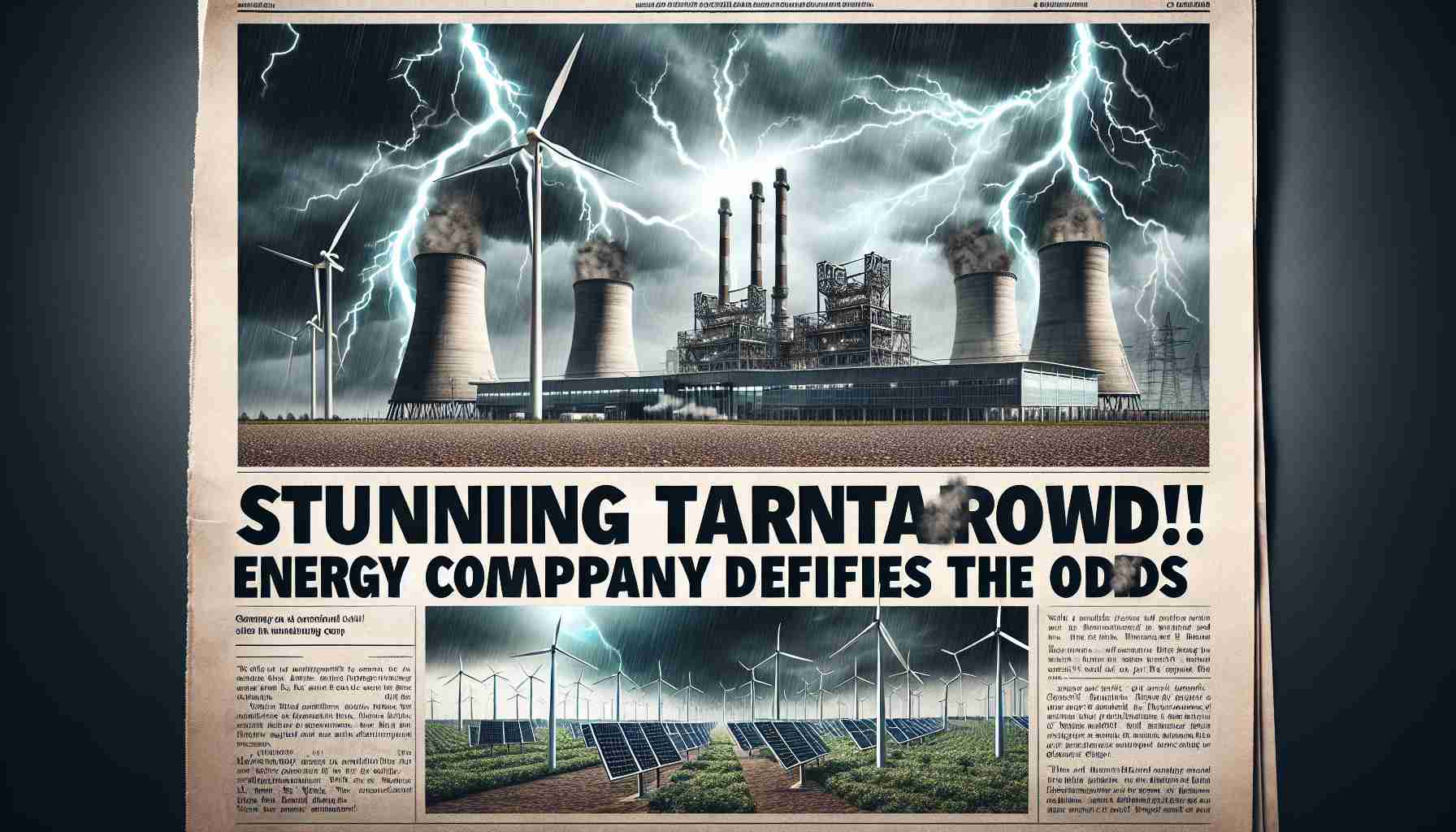 Generate a high-resolution, realistic image of a newspaper headline that exclaims, 'Stunning Turnaround! Energy Company Defies the Odds', accompanied by an illustration of an industrial-energy company powering up against a backdrop of stormy sky. In the illustration, energy infrastructure (wind turbines, solar panels, powerlines) stands tall, undeterred despite adverse conditions.