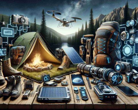 An ultra-high-definition image of an advanced camping gear setup showcasing innovation and major changes. The scene will depict a mix of traditional camping items such as a tent, backpack, and boots, contrasted with futuristic elements such as solar panels, compact multi-tools, high-tech cooking equipment and portable electronics. The atmosphere would convey excitement and anticipation for the changes and advancements in camping technology.