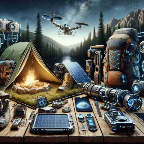 An ultra-high-definition image of an advanced camping gear setup showcasing innovation and major changes. The scene will depict a mix of traditional camping items such as a tent, backpack, and boots, contrasted with futuristic elements such as solar panels, compact multi-tools, high-tech cooking equipment and portable electronics. The atmosphere would convey excitement and anticipation for the changes and advancements in camping technology.