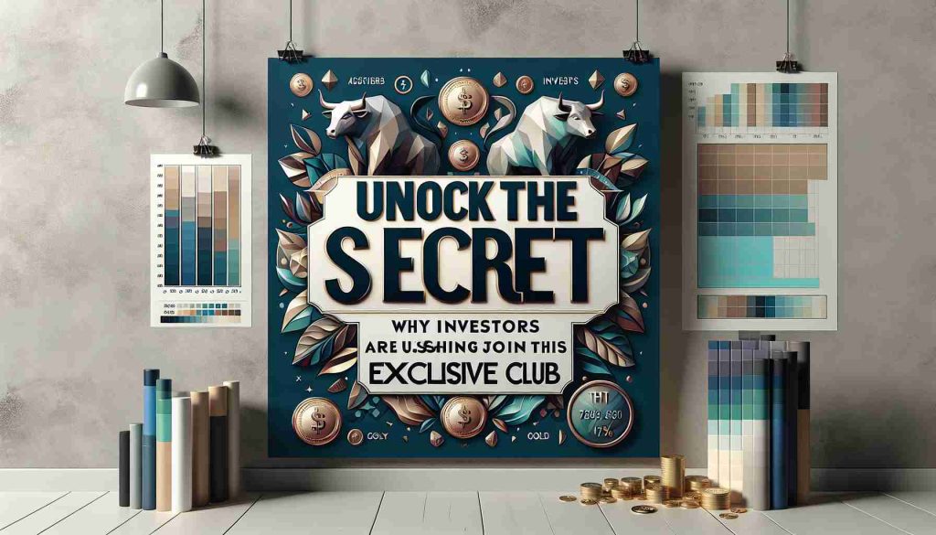 A high-quality, realistic picture of a eye-catching advertisement. On it, the words 'Unlock the Secret: Why Investors are Rushing to Join This Exclusive Club' are prominently displayed in a contemporary style. The background consists of motifs associated with affluence and investment like bull and bear figures, gold coins, and charts. The palette is elegant and sophisticated consisting predominantly of cool and neutral shades.