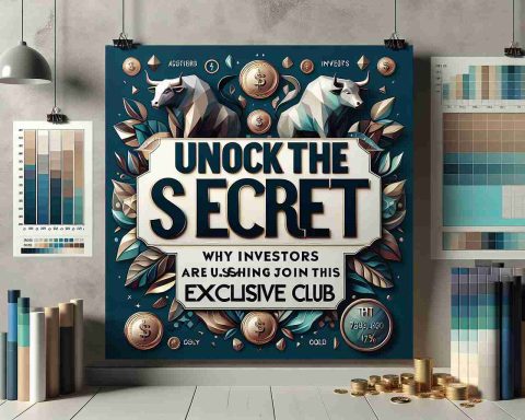 A high-quality, realistic picture of a eye-catching advertisement. On it, the words 'Unlock the Secret: Why Investors are Rushing to Join This Exclusive Club' are prominently displayed in a contemporary style. The background consists of motifs associated with affluence and investment like bull and bear figures, gold coins, and charts. The palette is elegant and sophisticated consisting predominantly of cool and neutral shades.