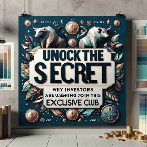 A high-quality, realistic picture of a eye-catching advertisement. On it, the words 'Unlock the Secret: Why Investors are Rushing to Join This Exclusive Club' are prominently displayed in a contemporary style. The background consists of motifs associated with affluence and investment like bull and bear figures, gold coins, and charts. The palette is elegant and sophisticated consisting predominantly of cool and neutral shades.