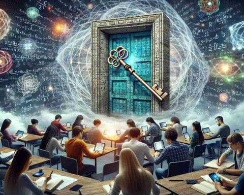 A detailed HD image that illustrates the concept of unlocking quantum secrets as a metaphor. In the center, show a key made of quantum particles unlocking a large ancient door made of scientific formulas and matrices. Around, enthusiastic students of different descents and gender such as Caucasian female, Black male, Asian female, and Hispanic male, all busily taking notes, using VR devices for advanced learning, and engaged in academic discussions. In the sky above, depict abstract quantum waves and particles fluctuating. This image should be visually representative of a mega research boost in the field of quantum physics.