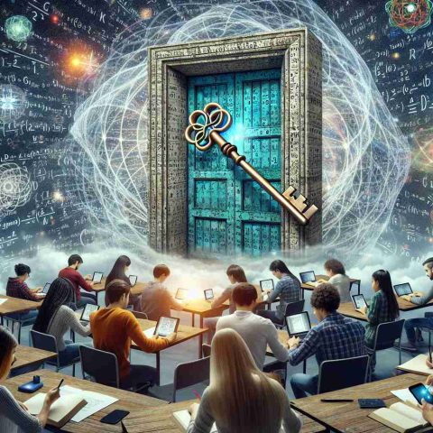 A detailed HD image that illustrates the concept of unlocking quantum secrets as a metaphor. In the center, show a key made of quantum particles unlocking a large ancient door made of scientific formulas and matrices. Around, enthusiastic students of different descents and gender such as Caucasian female, Black male, Asian female, and Hispanic male, all busily taking notes, using VR devices for advanced learning, and engaged in academic discussions. In the sky above, depict abstract quantum waves and particles fluctuating. This image should be visually representative of a mega research boost in the field of quantum physics.