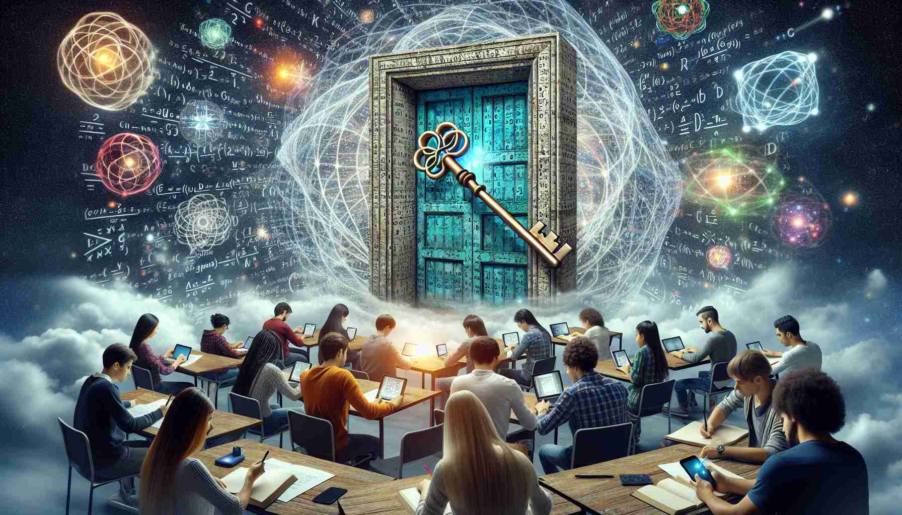 A detailed HD image that illustrates the concept of unlocking quantum secrets as a metaphor. In the center, show a key made of quantum particles unlocking a large ancient door made of scientific formulas and matrices. Around, enthusiastic students of different descents and gender such as Caucasian female, Black male, Asian female, and Hispanic male, all busily taking notes, using VR devices for advanced learning, and engaged in academic discussions. In the sky above, depict abstract quantum waves and particles fluctuating. This image should be visually representative of a mega research boost in the field of quantum physics.