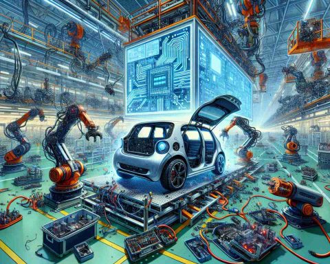 Detailed artistic representation of a headline 'Shocking Setback for EV Innovator! Could This Spell Trouble Ahead?'. The scene consists of a disrupted electric vehicle (EV) production line with robotic arms frozen mid-task, indicating a setback. A prominent electronic display with electric circuit graphics on a vast assembly hall wall metaphorically carries an air of uncertainty, potentially indicating future trouble. An unmanned electric vehicle stands halfway through the assembly, with open bonnet exposing motor parts and batteries. The atmosphere of the image should convey tension and anxiety. Please use intense color contrasts and sharp details to emphasize the dramatic context.