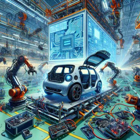 Detailed artistic representation of a headline 'Shocking Setback for EV Innovator! Could This Spell Trouble Ahead?'. The scene consists of a disrupted electric vehicle (EV) production line with robotic arms frozen mid-task, indicating a setback. A prominent electronic display with electric circuit graphics on a vast assembly hall wall metaphorically carries an air of uncertainty, potentially indicating future trouble. An unmanned electric vehicle stands halfway through the assembly, with open bonnet exposing motor parts and batteries. The atmosphere of the image should convey tension and anxiety. Please use intense color contrasts and sharp details to emphasize the dramatic context.