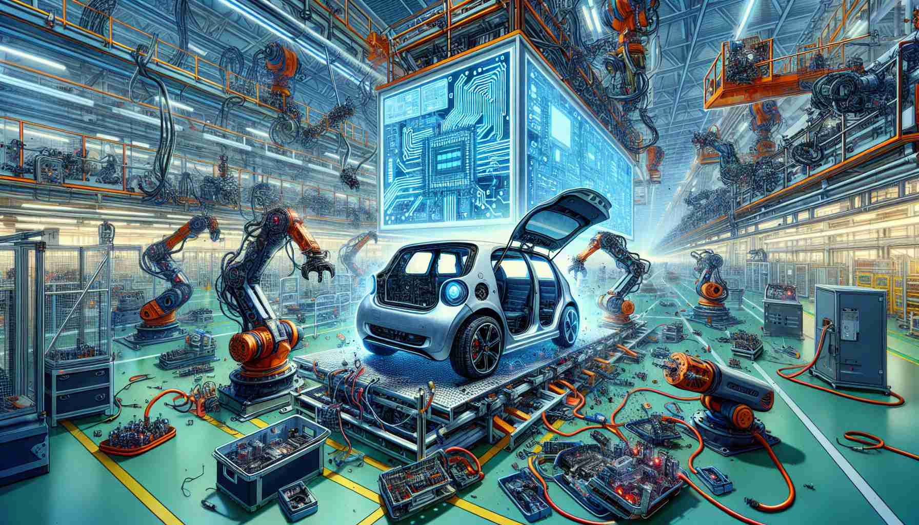 Detailed artistic representation of a headline 'Shocking Setback for EV Innovator! Could This Spell Trouble Ahead?'. The scene consists of a disrupted electric vehicle (EV) production line with robotic arms frozen mid-task, indicating a setback. A prominent electronic display with electric circuit graphics on a vast assembly hall wall metaphorically carries an air of uncertainty, potentially indicating future trouble. An unmanned electric vehicle stands halfway through the assembly, with open bonnet exposing motor parts and batteries. The atmosphere of the image should convey tension and anxiety. Please use intense color contrasts and sharp details to emphasize the dramatic context.