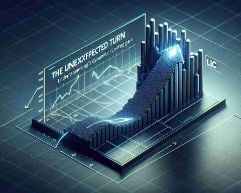 Realistic high-definition image representing the concept of 'The Unexpected Turn: Understanding LIC's Dramatic Listing Gain'. This image could perhaps show a graph or diagram, indicating a financial market trend with a sudden, surprising surge upwards. The graph should be marked with the abbreviation 'LIC' perhaps showing a dotted line leading up to a peak point, visually illustrating the concept of a dramatic listing gain.