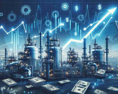 Generate a detailed and realistic 1080p high definition image that visually symbolizes the concept of investing in natural gas futures as a path to financial growth. The image is intended to contain visual metaphors such as natural gas infrastructure, graphs showing upward trends, and symbols of financial growth such as stacks of money or graphs with positive slopes.