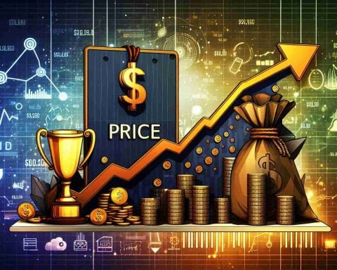 An HD illustration symbolizing the phrase 'Success comes with a price'. The image features a symbolic representation of financial success, such as a rising line graph or a golden trophy, along with a visual metaphor for 'price', such as a hefty weight or a steep mountain. These elements are all set against a backdrop related to technology or digital innovation. Include small, subtle elements suggesting the area of investing, perhaps in the form of small dollar signs or stacks of coins.