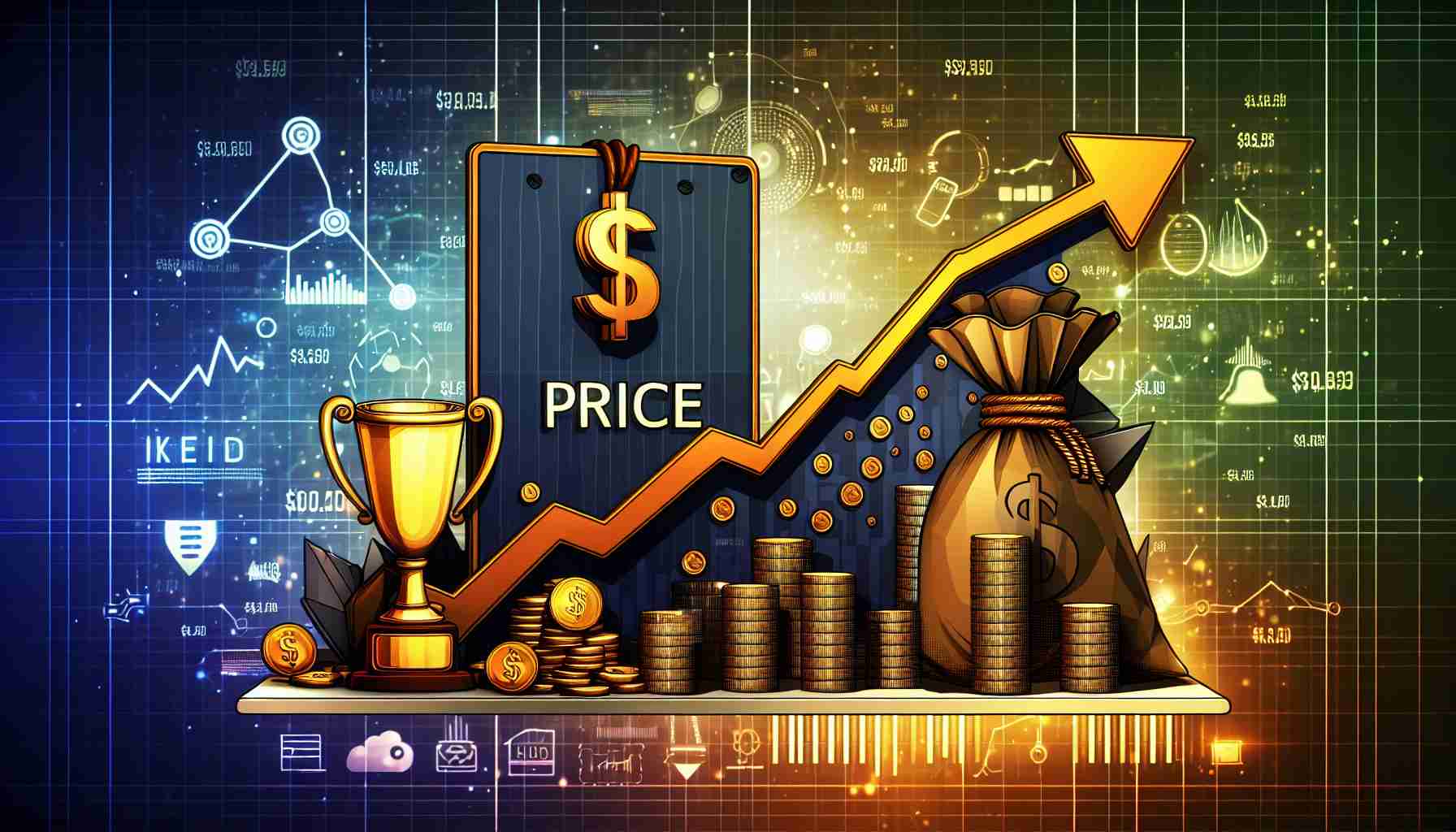 An HD illustration symbolizing the phrase 'Success comes with a price'. The image features a symbolic representation of financial success, such as a rising line graph or a golden trophy, along with a visual metaphor for 'price', such as a hefty weight or a steep mountain. These elements are all set against a backdrop related to technology or digital innovation. Include small, subtle elements suggesting the area of investing, perhaps in the form of small dollar signs or stacks of coins.