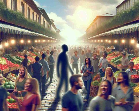 Generate a realistic HD image depicting a bustling marketplace filled with people showing expressions of delight and surprise, due to an unexpected market surge. The scene is filled with a variety of market stalls offering abundant, fresh produce. A subtle, disjointed shadowy figure is present in the scene, hinting at a mysterious unseen entity orchestrating the market surge.