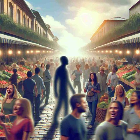 Generate a realistic HD image depicting a bustling marketplace filled with people showing expressions of delight and surprise, due to an unexpected market surge. The scene is filled with a variety of market stalls offering abundant, fresh produce. A subtle, disjointed shadowy figure is present in the scene, hinting at a mysterious unseen entity orchestrating the market surge.