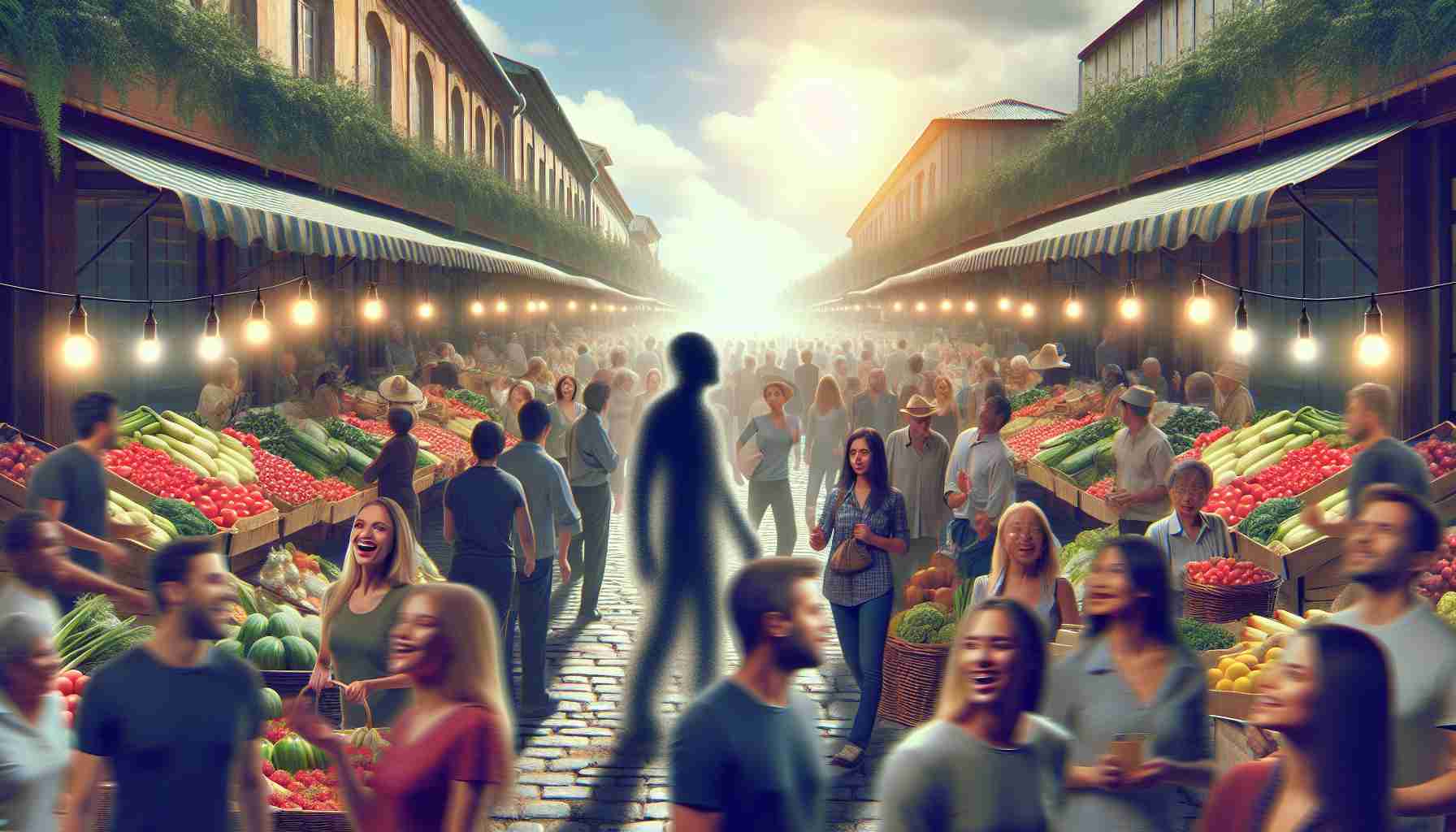 Generate a realistic HD image depicting a bustling marketplace filled with people showing expressions of delight and surprise, due to an unexpected market surge. The scene is filled with a variety of market stalls offering abundant, fresh produce. A subtle, disjointed shadowy figure is present in the scene, hinting at a mysterious unseen entity orchestrating the market surge.