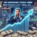 Generate a realistic, high-definition image representing the concept of a surprising stock climb, with an air of mystery and undisclosed information. This concept includes visuals such as a stock marketplace, increasing graphs, money, a shocked investor expression and the text 'The Surprising Stock Climb! What Investors Aren't Telling You...' overlaying the image.