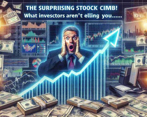 Generate a realistic, high-definition image representing the concept of a surprising stock climb, with an air of mystery and undisclosed information. This concept includes visuals such as a stock marketplace, increasing graphs, money, a shocked investor expression and the text 'The Surprising Stock Climb! What Investors Aren't Telling You...' overlaying the image.