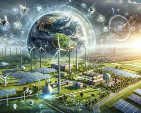 A realistic high definition image depicting the concept of the green energy revolution stirring global interest. Visualize a small, unidentified country leading the way in renewable energy investments. Showcase wind turbines, solar panels, and other forms of green energy against a landscape dotted with educational institutions, research facilities, and technological advancements. Also portray symbolic features signaling global interest, such as satellites, international flags, or digital connections linking to various parts of the globe. Remember to keep the composition vibrant, dynamic, and inspiring, capturing the atmosphere of positive change and sustainability.