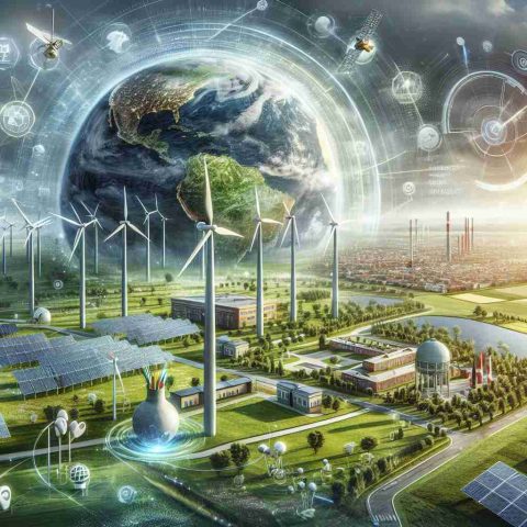 A realistic high definition image depicting the concept of the green energy revolution stirring global interest. Visualize a small, unidentified country leading the way in renewable energy investments. Showcase wind turbines, solar panels, and other forms of green energy against a landscape dotted with educational institutions, research facilities, and technological advancements. Also portray symbolic features signaling global interest, such as satellites, international flags, or digital connections linking to various parts of the globe. Remember to keep the composition vibrant, dynamic, and inspiring, capturing the atmosphere of positive change and sustainability.