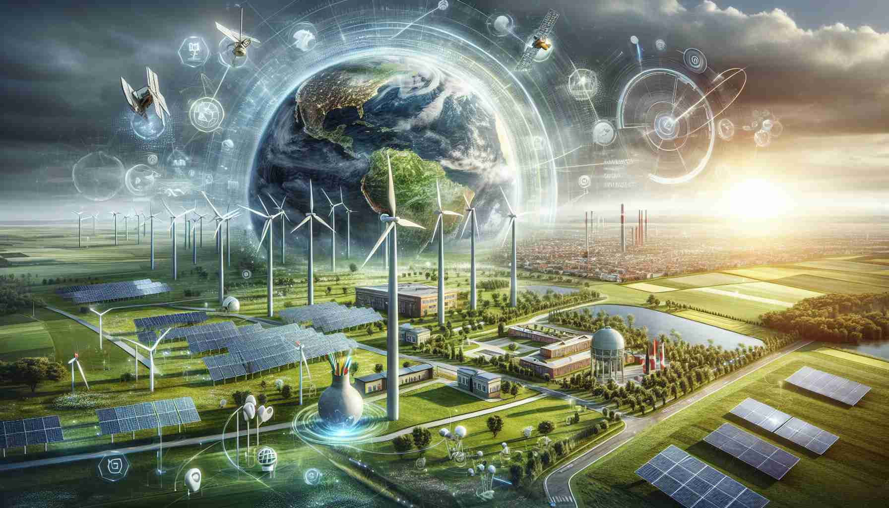 A realistic high definition image depicting the concept of the green energy revolution stirring global interest. Visualize a small, unidentified country leading the way in renewable energy investments. Showcase wind turbines, solar panels, and other forms of green energy against a landscape dotted with educational institutions, research facilities, and technological advancements. Also portray symbolic features signaling global interest, such as satellites, international flags, or digital connections linking to various parts of the globe. Remember to keep the composition vibrant, dynamic, and inspiring, capturing the atmosphere of positive change and sustainability.