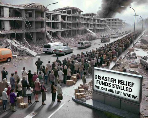 Generate a realistic, high-resolution image of a scene depicting the aftermath of a disaster, with people waiting in line or gathered waiting for aid. There is a clear sense of urgency and despair as the disaster relief funds are stalled. Show evident signs of a ruined infrastructure suggesting that a disaster occurred. You can display headlines or text in a news paper or billboard indicating 'Disaster Relief Funds Stalled, Millions Are Left Waiting'.