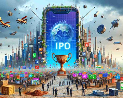 Realistic HD illustration representing the concept of a major Indian telecommunication company eyeing the market. The scene could depict a gigantic visual metaphor of a smartphone with a company logo, looking towards a market full of various communication signals and devices. A secondary element could be a depiction of a symbolic IPO, possibly represented as a large trophy with 'IPO' inscription on it, indicating its huge scale. Remember, this should allude to a potential record-breaking event, without referencing specific real-world companies.