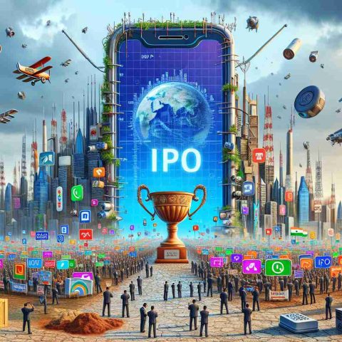 Realistic HD illustration representing the concept of a major Indian telecommunication company eyeing the market. The scene could depict a gigantic visual metaphor of a smartphone with a company logo, looking towards a market full of various communication signals and devices. A secondary element could be a depiction of a symbolic IPO, possibly represented as a large trophy with 'IPO' inscription on it, indicating its huge scale. Remember, this should allude to a potential record-breaking event, without referencing specific real-world companies.