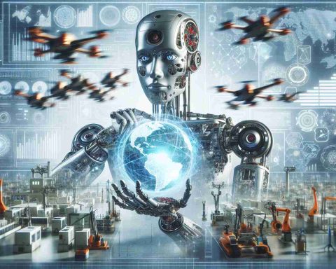 Create a high-definition, realistic image portraying the concept of the Artificial Intelligence revolution within various industries. The image should include visual elements such as complex machine learning models, futuristic robotic assembly lines, autonomous drones, and leading-edge software interfaces. Remember to depict a global view of the leaders driving the technological advancements, indicated by symbolic representations of various nations.