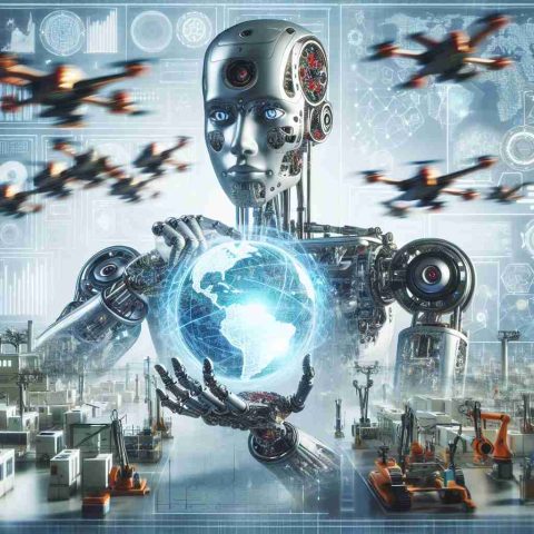 Create a high-definition, realistic image portraying the concept of the Artificial Intelligence revolution within various industries. The image should include visual elements such as complex machine learning models, futuristic robotic assembly lines, autonomous drones, and leading-edge software interfaces. Remember to depict a global view of the leaders driving the technological advancements, indicated by symbolic representations of various nations.