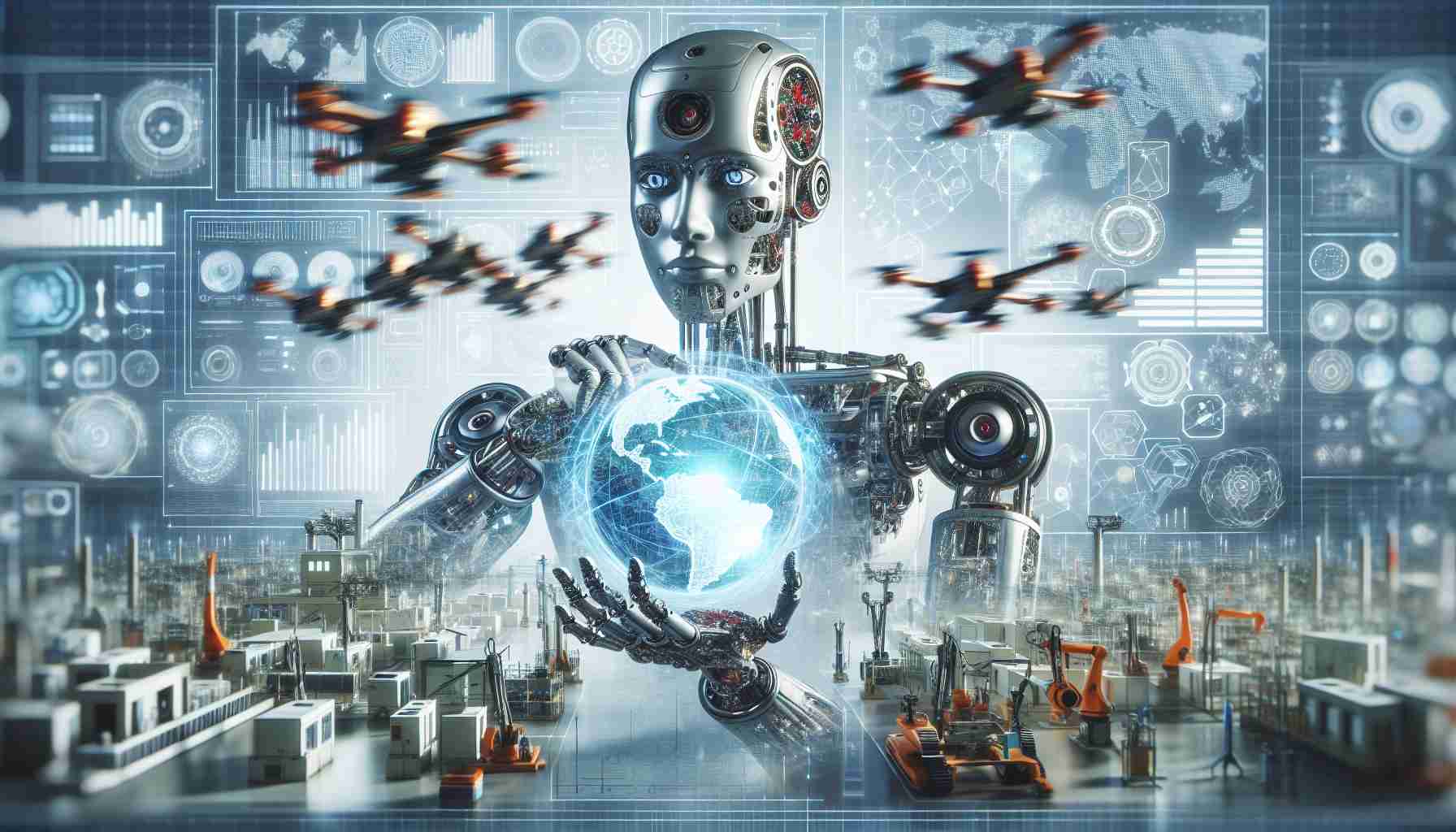 Create a high-definition, realistic image portraying the concept of the Artificial Intelligence revolution within various industries. The image should include visual elements such as complex machine learning models, futuristic robotic assembly lines, autonomous drones, and leading-edge software interfaces. Remember to depict a global view of the leaders driving the technological advancements, indicated by symbolic representations of various nations.