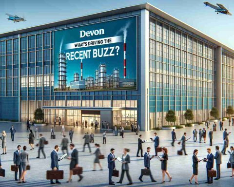 Realistic high-definition image of the exterior of the Devon Energy building with a bustling scene indicating recent investor buzz. Visualize people of various descents and genders conducting energy-related business activities, exchanging information on digital tablets and paper files, poised against the backdrop of a cityscape. Add a banner headline stating 'What's Driving the Recent Buzz?' to represent excitement in the economic sector.