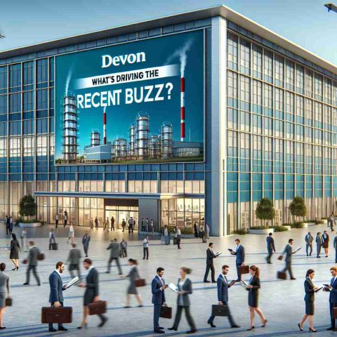 Realistic high-definition image of the exterior of the Devon Energy building with a bustling scene indicating recent investor buzz. Visualize people of various descents and genders conducting energy-related business activities, exchanging information on digital tablets and paper files, poised against the backdrop of a cityscape. Add a banner headline stating 'What's Driving the Recent Buzz?' to represent excitement in the economic sector.