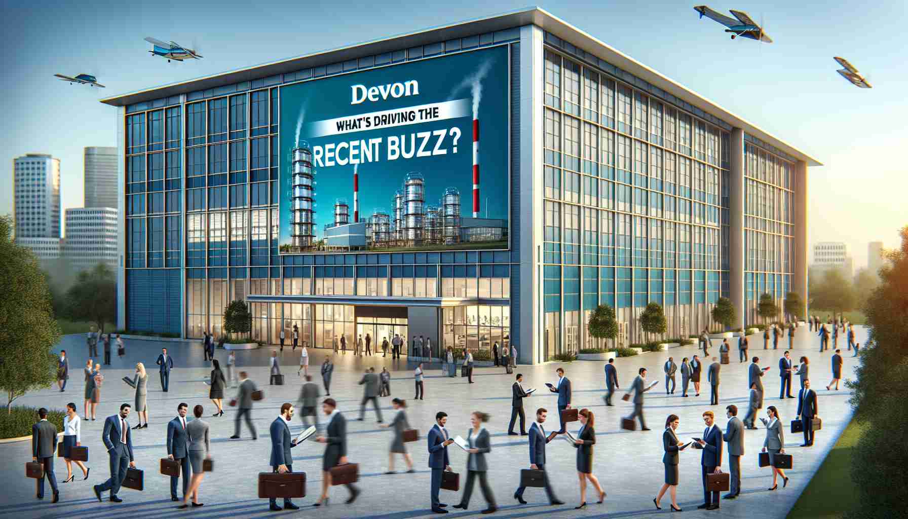 Realistic high-definition image of the exterior of the Devon Energy building with a bustling scene indicating recent investor buzz. Visualize people of various descents and genders conducting energy-related business activities, exchanging information on digital tablets and paper files, poised against the backdrop of a cityscape. Add a banner headline stating 'What's Driving the Recent Buzz?' to represent excitement in the economic sector.