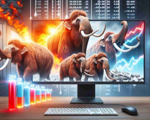 Create a HD image showing mammoths representing energy services in a realistic style reflecting financial instability or decline. Add a dramatic element showing shocking numbers on a monitor or chart.