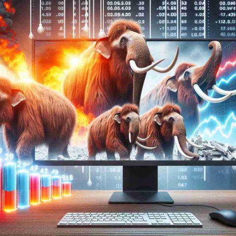 Create a HD image showing mammoths representing energy services in a realistic style reflecting financial instability or decline. Add a dramatic element showing shocking numbers on a monitor or chart.