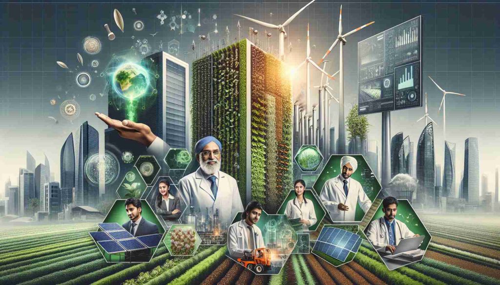 An HD image showcasing India's Green Revolution in a realistic style. Depict the cutting-edge technologies that are being adopted by leading companies in this eco-tech space. Showcase a collage of several eco-initiatives: vertical green walls on company buildings, wind turbines, solar panels, and smart agricultural technologies. Include images of Indian scientists, both male and female, of diverse descents such as South Asian, Caucasian, and Middle-Eastern, working on these technologies.