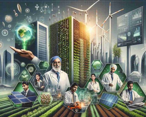 An HD image showcasing India's Green Revolution in a realistic style. Depict the cutting-edge technologies that are being adopted by leading companies in this eco-tech space. Showcase a collage of several eco-initiatives: vertical green walls on company buildings, wind turbines, solar panels, and smart agricultural technologies. Include images of Indian scientists, both male and female, of diverse descents such as South Asian, Caucasian, and Middle-Eastern, working on these technologies.