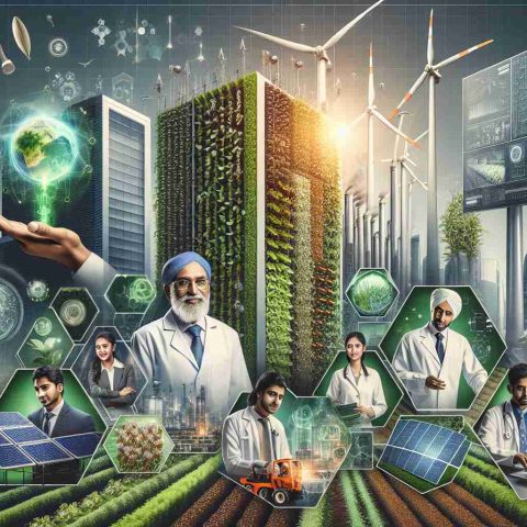 An HD image showcasing India's Green Revolution in a realistic style. Depict the cutting-edge technologies that are being adopted by leading companies in this eco-tech space. Showcase a collage of several eco-initiatives: vertical green walls on company buildings, wind turbines, solar panels, and smart agricultural technologies. Include images of Indian scientists, both male and female, of diverse descents such as South Asian, Caucasian, and Middle-Eastern, working on these technologies.