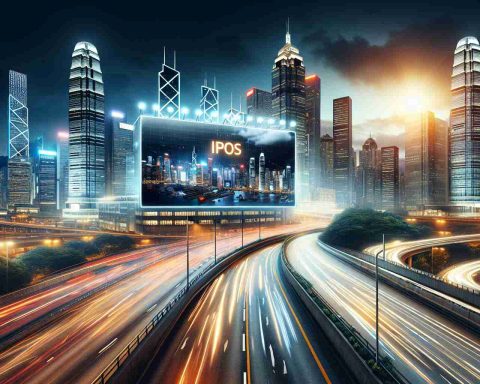 Depict a realistic, high-definition image of a company taking the center stage with immense success in the resurgence of Initial Public Offerings (IPOs) in a city with a skyline similar to Hong Kong. Show skyscrapers illuminated in the night, with the company's logo prominently displayed on a digital billboard. Infuse the atmosphere with a sense of excitement, anticipation, and momentum.