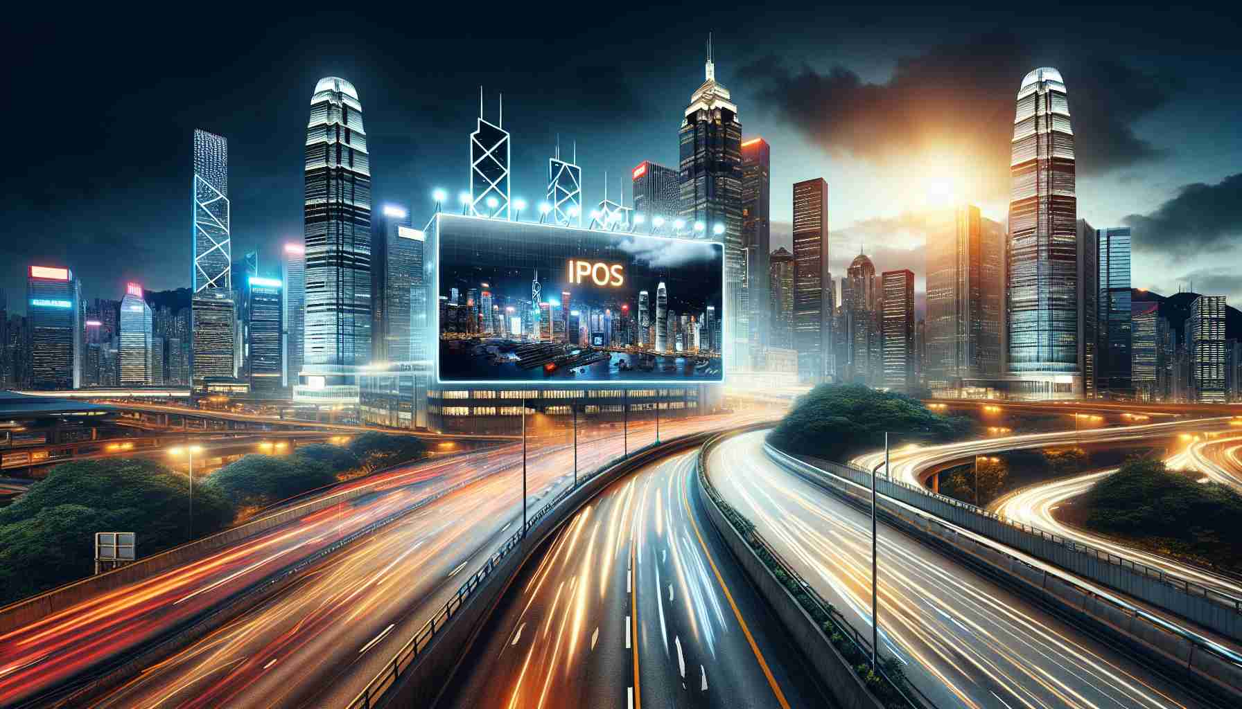 Depict a realistic, high-definition image of a company taking the center stage with immense success in the resurgence of Initial Public Offerings (IPOs) in a city with a skyline similar to Hong Kong. Show skyscrapers illuminated in the night, with the company's logo prominently displayed on a digital billboard. Infuse the atmosphere with a sense of excitement, anticipation, and momentum.