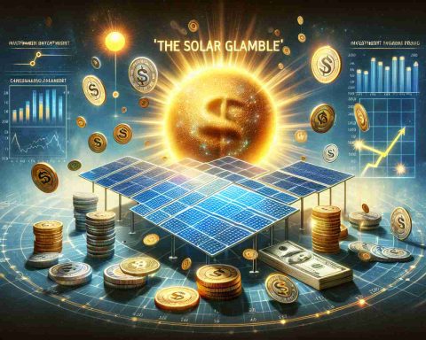 A realistic, high-definition image portraying the concept of 'The Solar Gamble'. Include elements such as solar panels, a bright sun, and symbols of investment, like coins, graphs, and chips, to depict the investment frenzy in solar energy. What aspects could be behind this frenzy? Experiment with visual metaphors to represent potential factors.