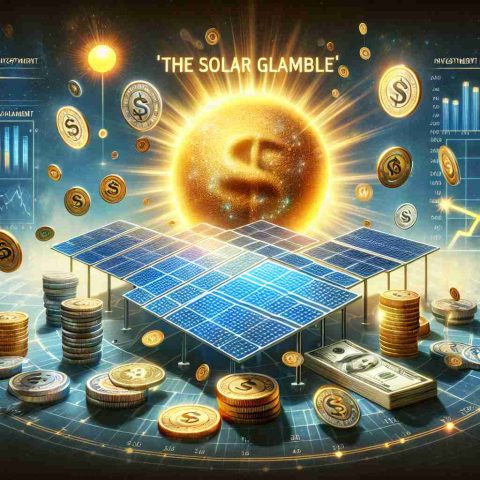 A realistic, high-definition image portraying the concept of 'The Solar Gamble'. Include elements such as solar panels, a bright sun, and symbols of investment, like coins, graphs, and chips, to depict the investment frenzy in solar energy. What aspects could be behind this frenzy? Experiment with visual metaphors to represent potential factors.