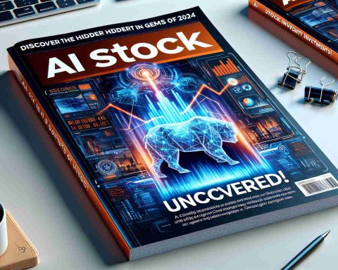 A realistic, high-definition image of a glossy, futuristic magazine cover titled 'AI Stock Secrets Uncovered!'. The magazine should feature intriguing headlines such as 'Discover the Hidden Gems of 2024 AI Investments'. The design should include thematic elements of artificial intelligence and the stock market, including perhaps a stylized bull and bear, an upward trending line graph superimposed on a futuristic cityscape, and some advanced tech iconography. Colors should be modern and rich, but not overwhelming, perhaps a good contrast of blues and oranges for a striking overall appearance.