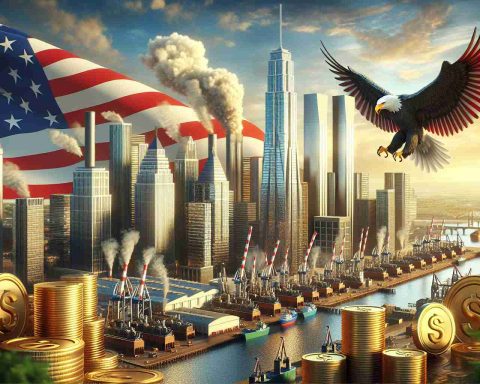 A realistic, high-definition depiction of a massive business investment, represented by towering skyscrapers and bustling industry. The implication that the United States stands to gain significantly is represented symbolically through an abundance of gold coins, a soaring eagle, and a vibrant stars-and-stripes flag waving proudly in the backdrop.